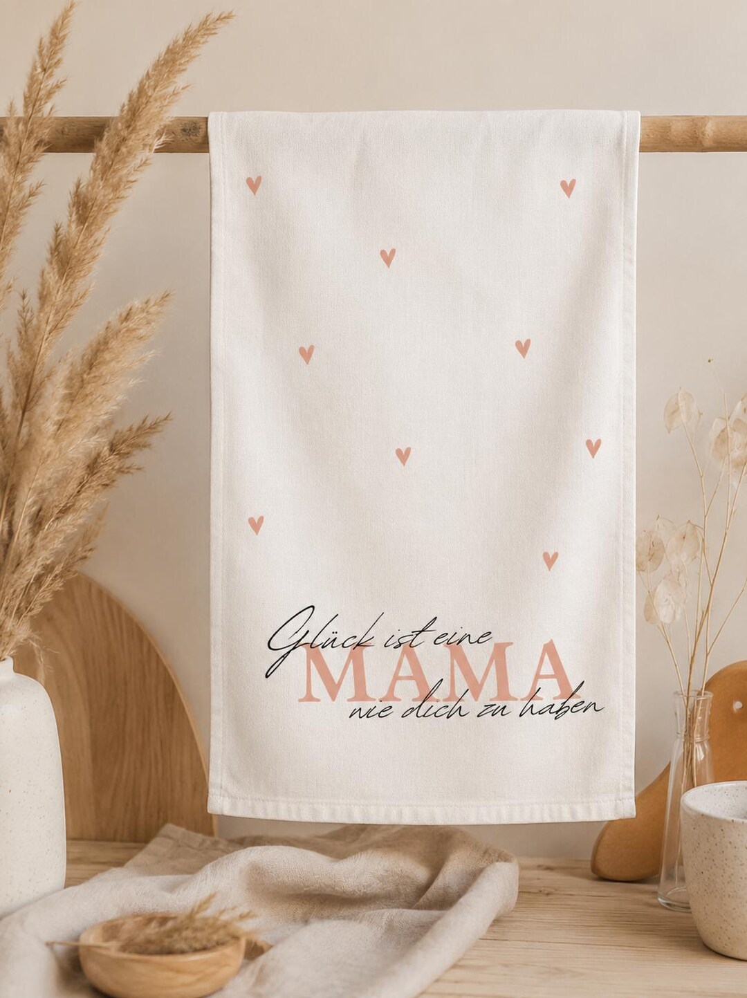 Geschirrtuch mit Spruch „Glück ist eine Mama wie dich zu haben“ – personalisiertes Küchentuch als Muttertagsgeschenk