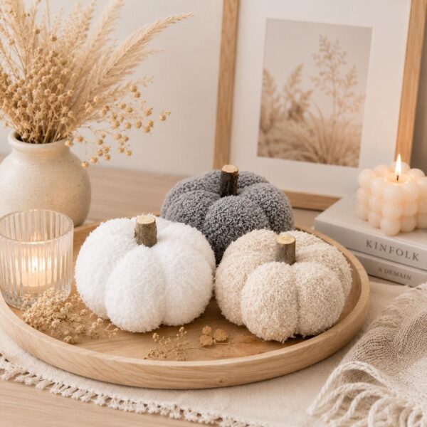 Handgemachter Stoffkürbis aus Bouclé mit Naturholzstiel – Herbstdeko