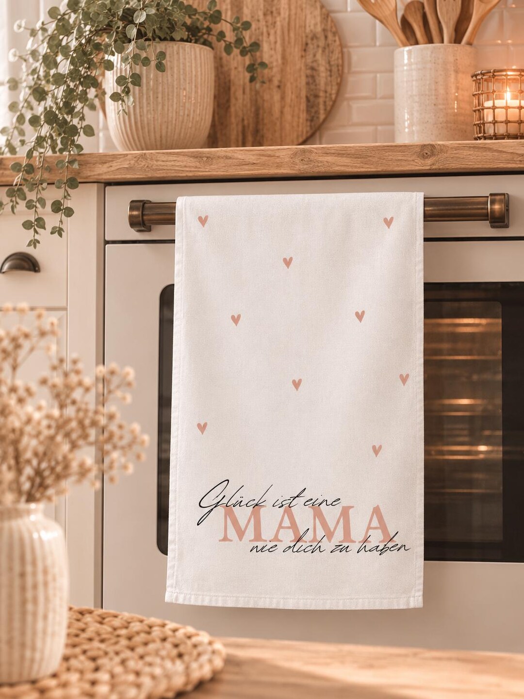 Geschirrtuch mit Spruch „Glück ist eine Mama wie dich zu haben“ – personalisiertes Küchentuch als Muttertagsgeschenk