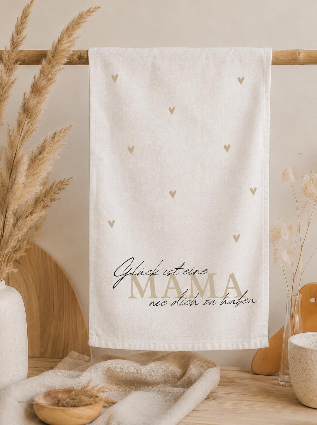 Geschirrtuch mit Spruch „Glück ist eine Mama wie dich zu haben“ – personalisiertes Küchentuch als Muttertagsgeschenk