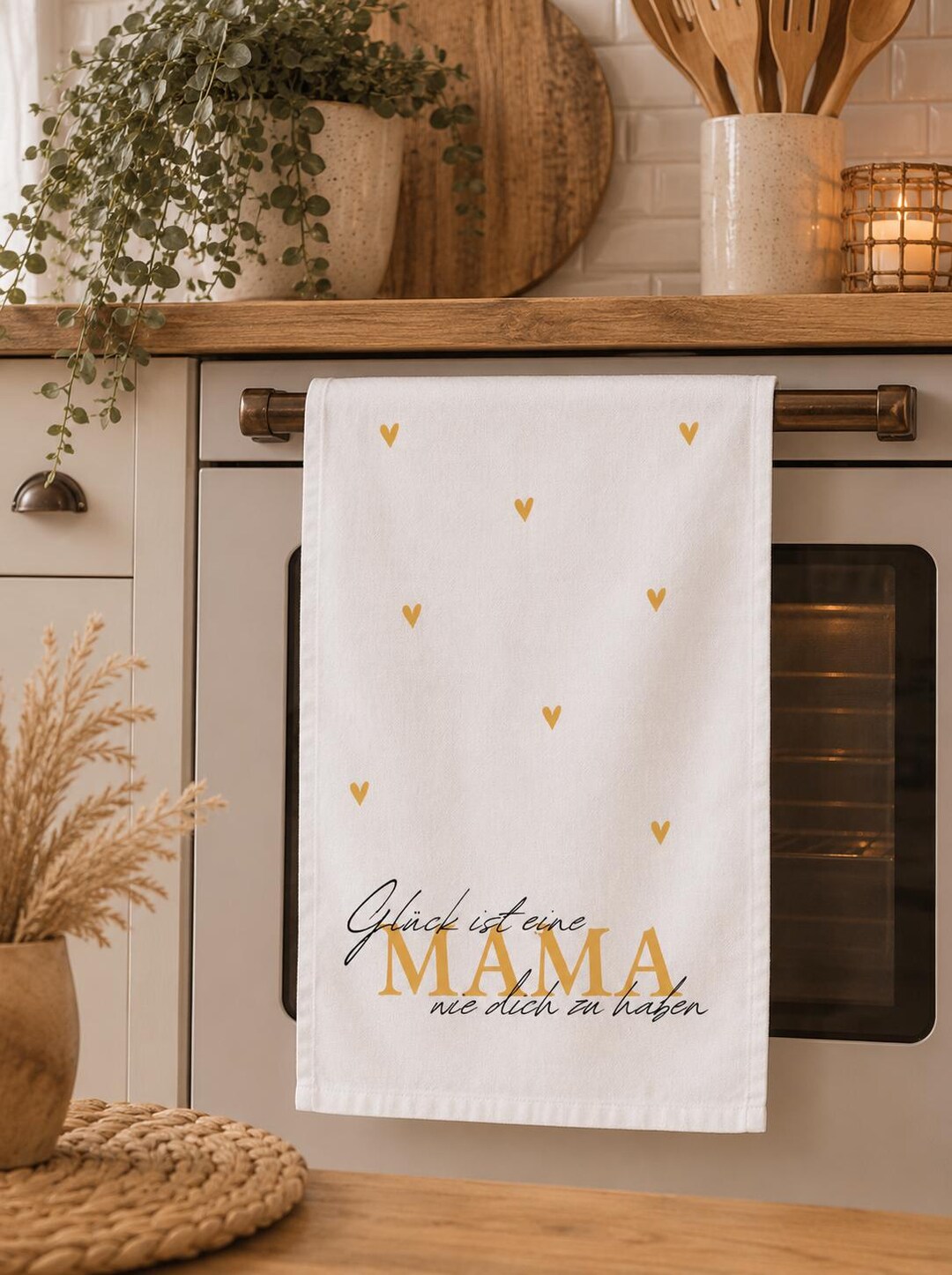 Geschirrtuch mit Spruch „Glück ist eine Mama wie dich zu haben“ – personalisiertes Küchentuch als Muttertagsgeschenk