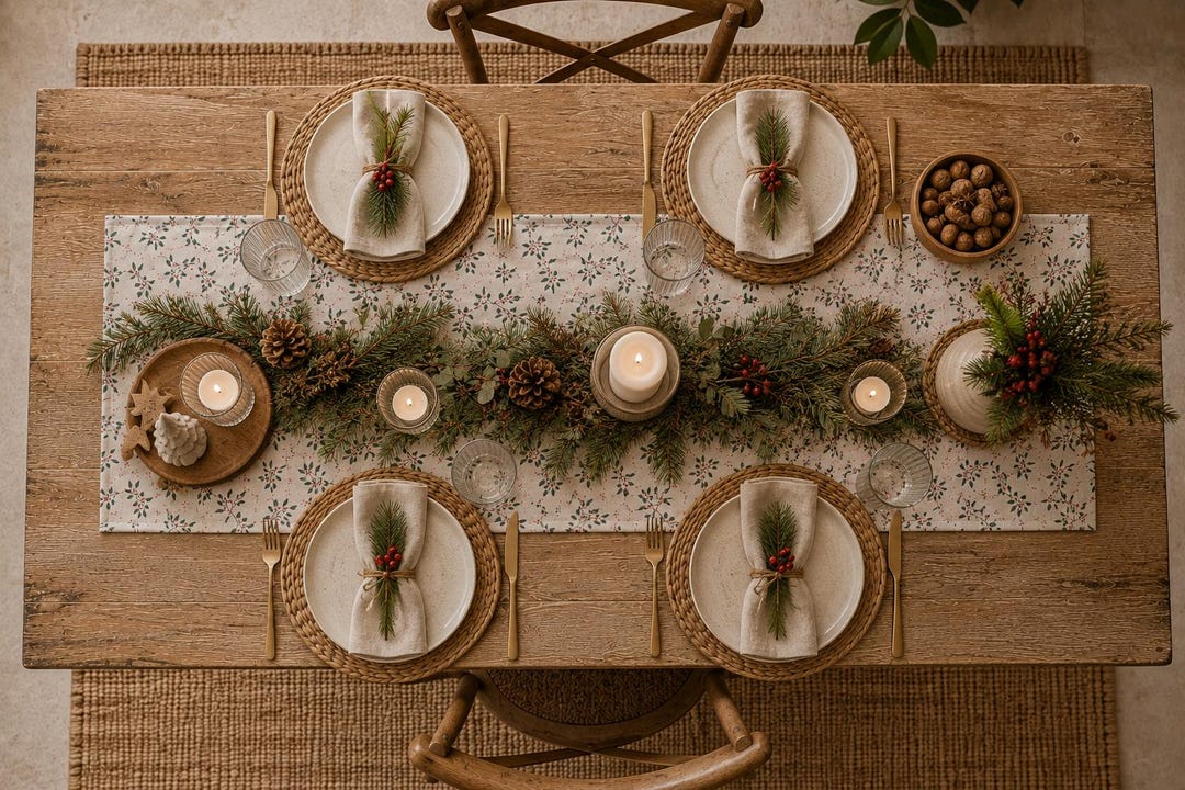 Weihnachtlich gedeckter Holztisch mit Tischläufer mit Mistelzweigen, Tannengrün und Kerzen