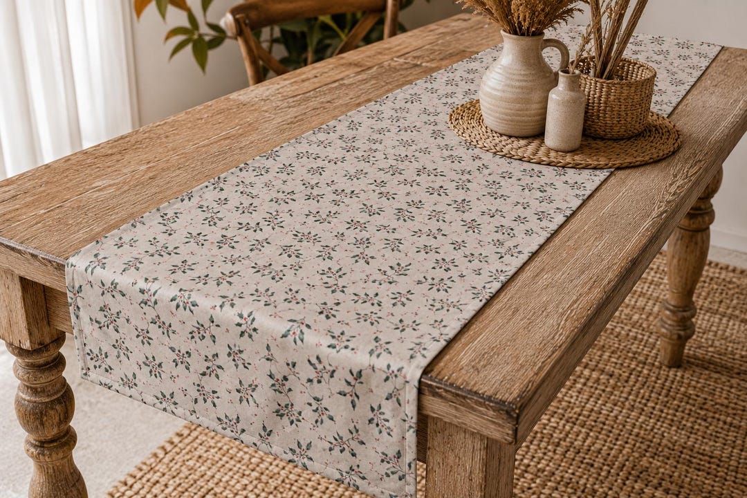 Tischläufer mit botanischem Mistelzweig-Motiv flach auf einem Holztisch
