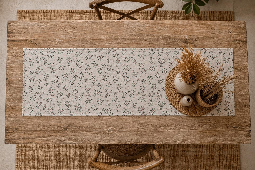 Cremefarbener Tischläufer mit Zweigmuster auf einem Holztisch