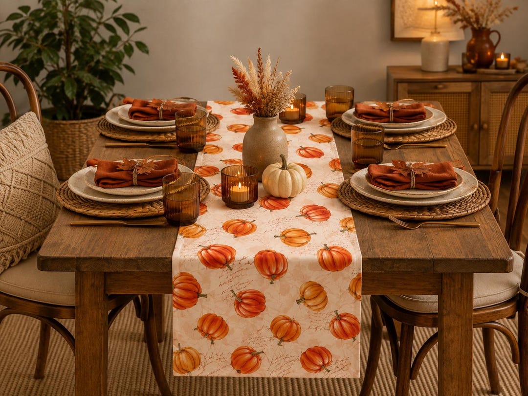 Ein rechteckiger Tischläufer mit einem sich wiederholenden Muster aus orangefarbenen Kürbissen auf hellem Grund, platziert auf einem Holztisch mit weißen Tellern, rostfarbenen Servietten, geflochtenen Platzsets, bernsteinfarbenen Gläsern und einem Kürbis.