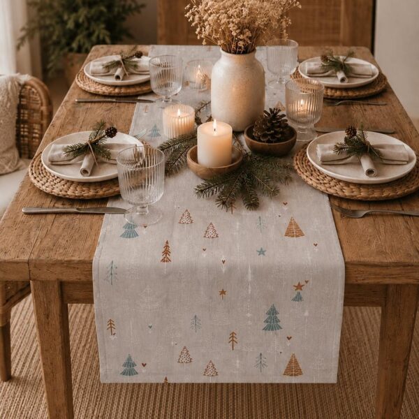 Tischläufer mit Tannenbäumen in Beige-Grau auf gedecktem Holztisch mit weißen Tellern und Kerzen