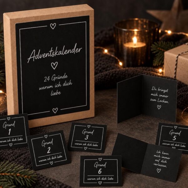 DIY Adventskalender 24 Gründe warum ich dich liebe – schwarze Kärtchen mit Box