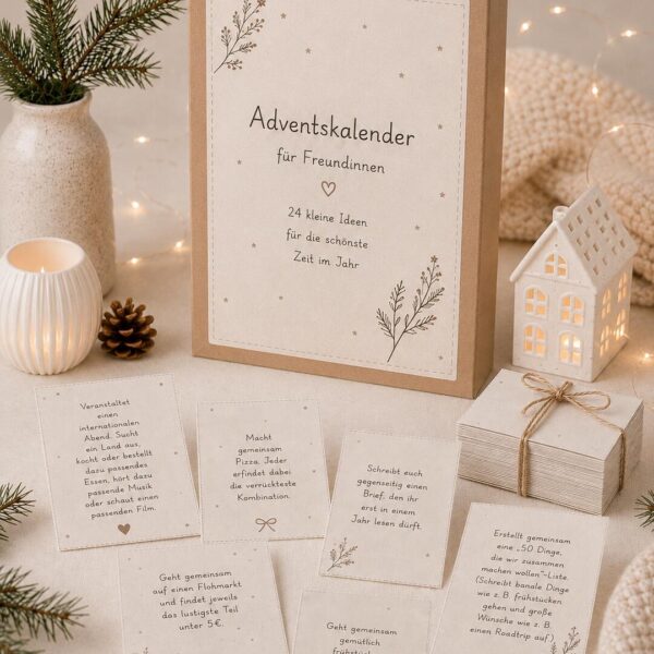 Adventskalender für Freundinnen: Box mit Deckblatt und Ideen-Kärtchen