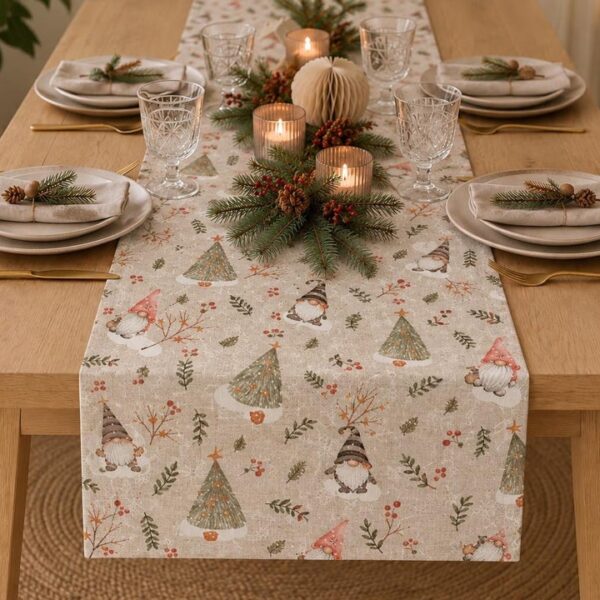 Beiger Tischläufer mit Weihnachtswichteln, Tannenbäumen und roten Beeren auf gedecktem Holztisch