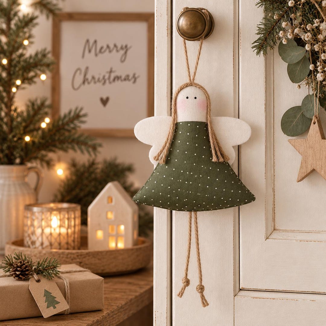 Weihnachtsengel Landhausstil – Stoffengel mit dunkelgrünem Kleid und weißen Punkten