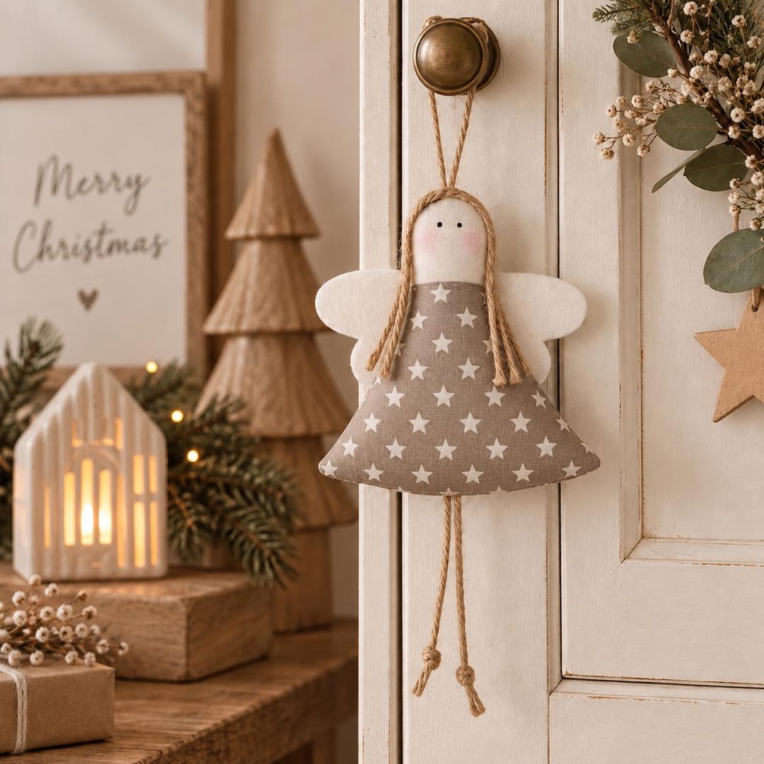 Weihnachtsengel Landhausstil – Stoffengel taupe mit weißen Sternen