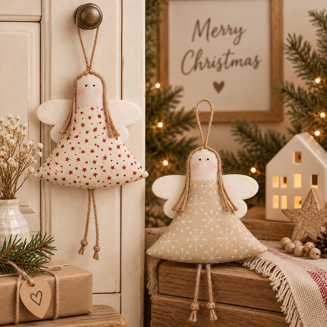 Weihnachtsengel Landhausstil – Zwei Stoffengel creme mit roten Sternen und mit Schneeflocken