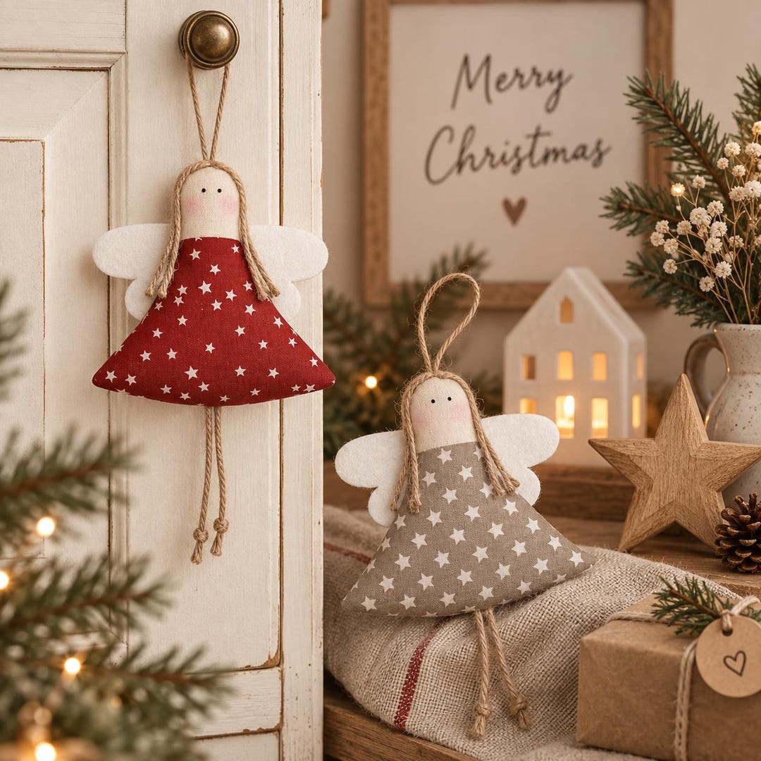 Weihnachtsengel Landhausstil – Zwei Stoffengel mit Sternen in Rot und Beige