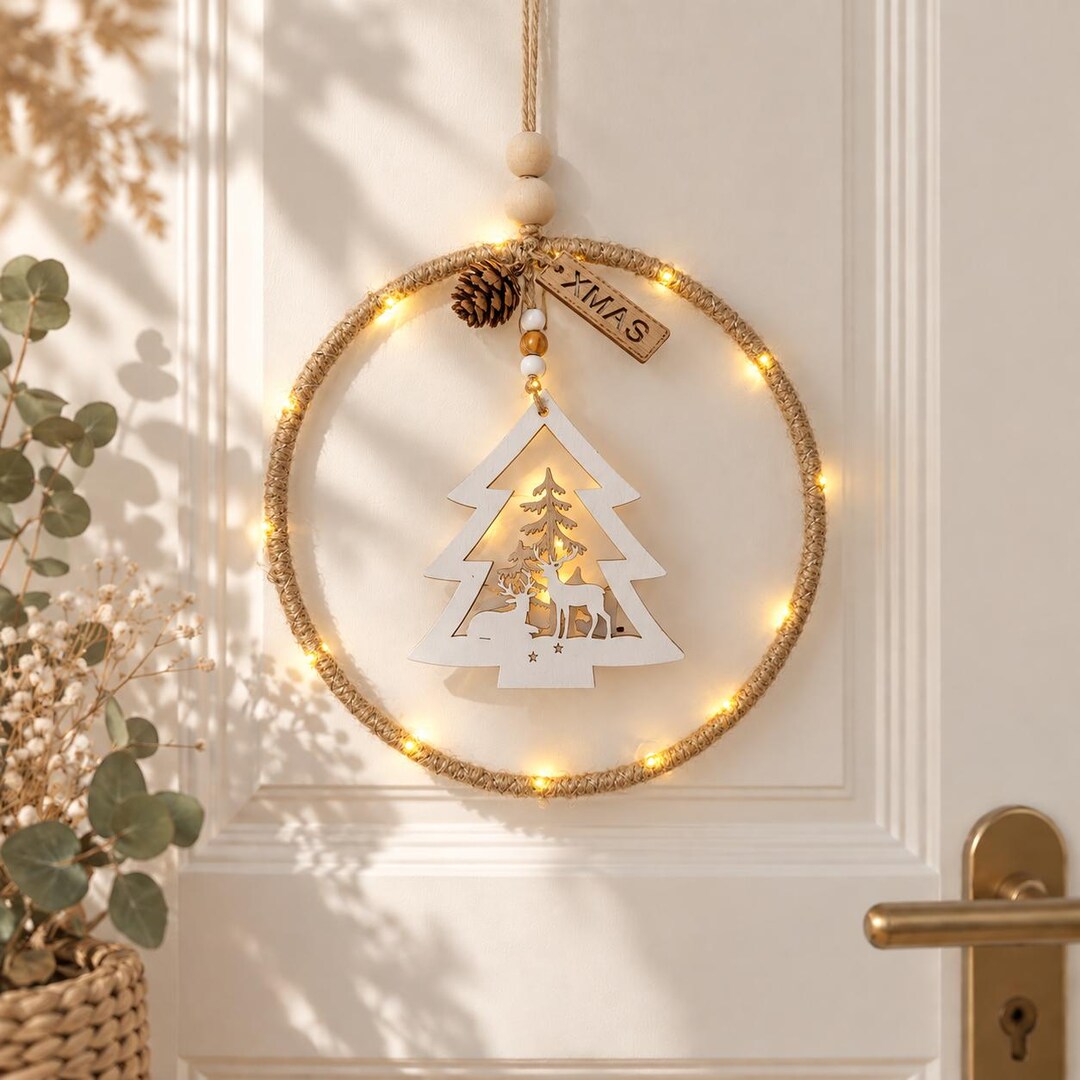 Jute-Türkranz mit Holz-Tannenbaum, Hirschsilhouette, XMAS-Anhänger und leuchtender Lichterkette