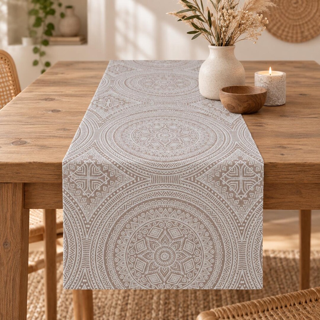 Boho Tischläufer beige mit Mandalas 40x140cm