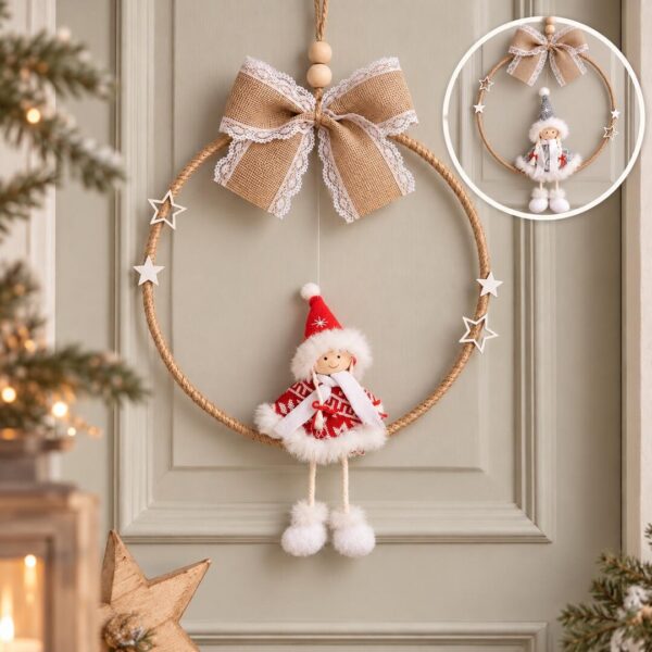 Türkranz Weihnachten aus Jute mit Wintermädchen in Rot, Juteschleife mit Spitze und Holzsternen