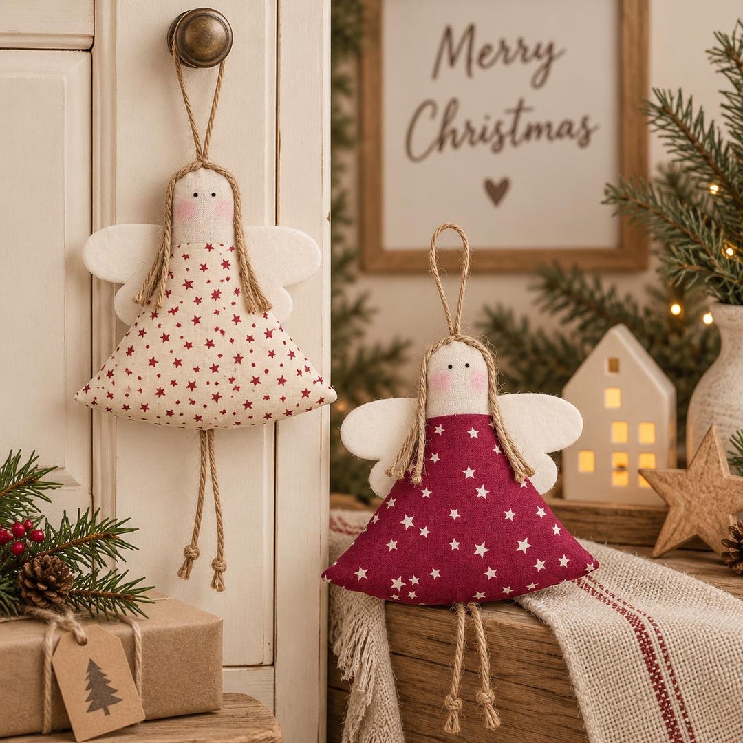 Weihnachtsengel Landhausstil – Zwei Stoffengel creme mit roten Sternen und dunkelrot mit weißen Sternen