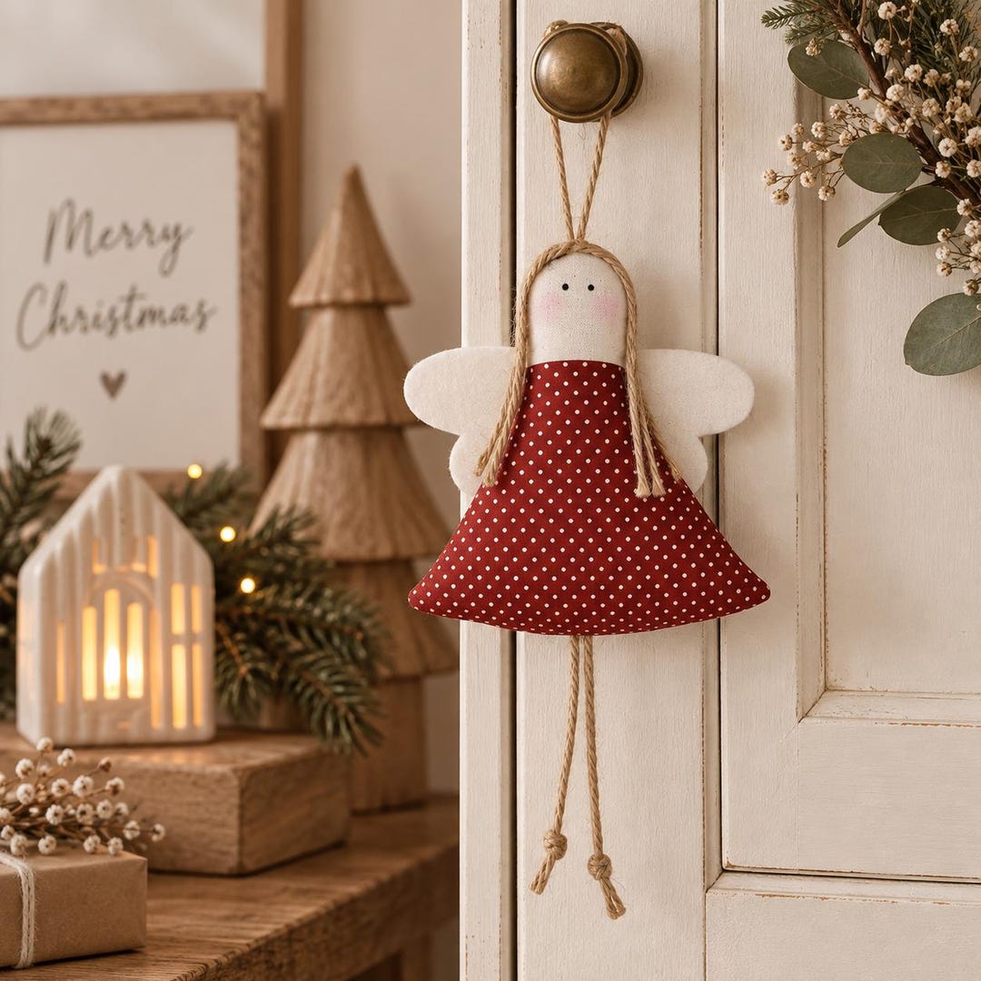 Weihnachtsengel Landhausstil – Stoffengel mit rotem Kleid und weißen Punkten