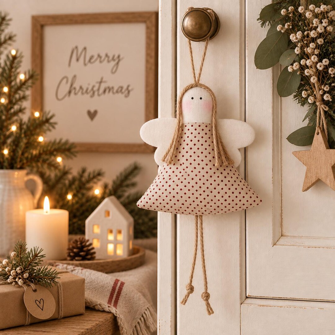 Weihnachtsengel Landhausstil – Stoffengel creme mit roten Punkten am Türknauf
