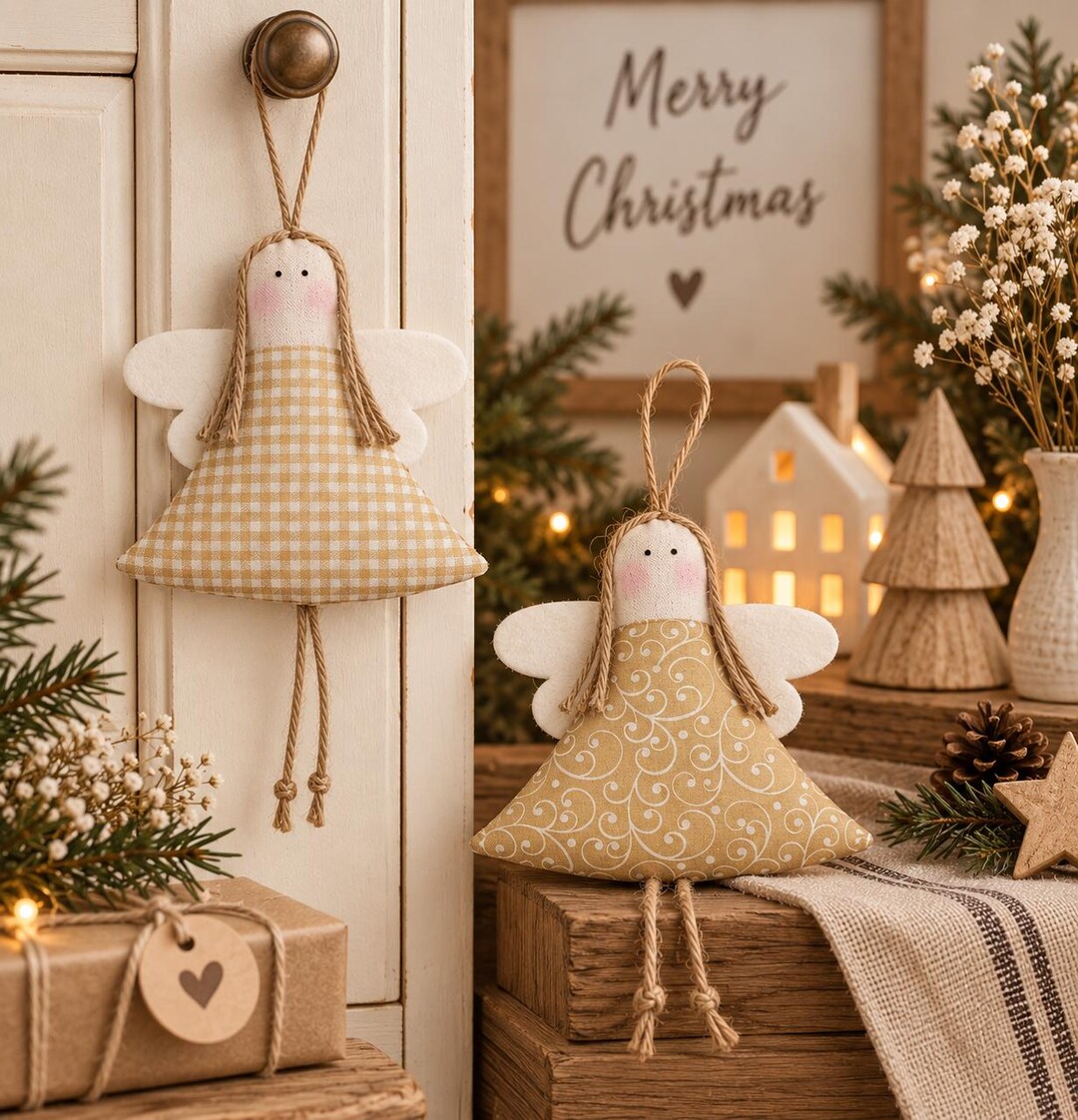 Weihnachtsengel Landhausstil – Zwei Stoffengel beige mit Karo und mit Schnörkeln