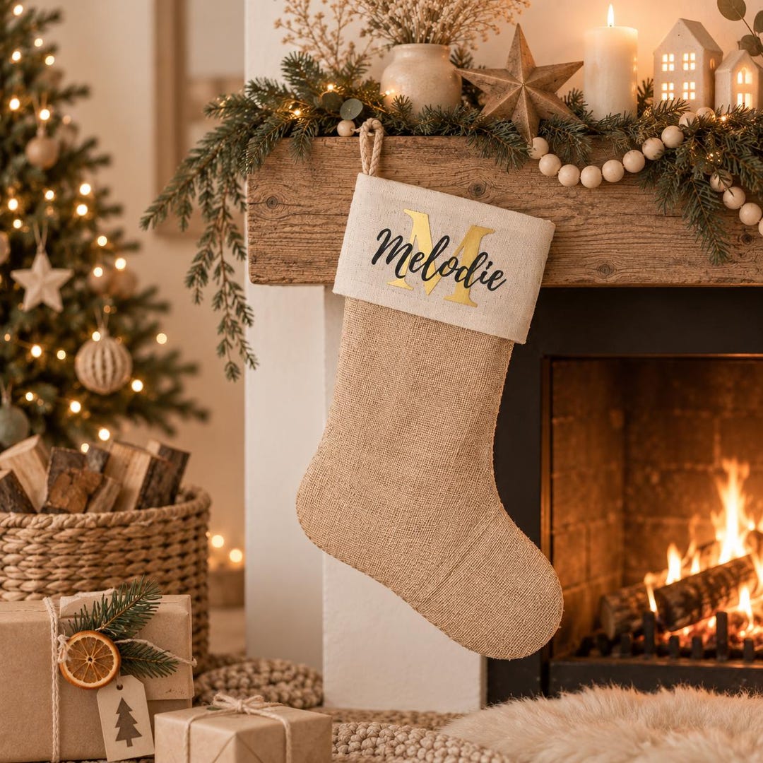 Personalisierter Weihnachtsstrumpf aus Jute mit Kordelschlaufe
