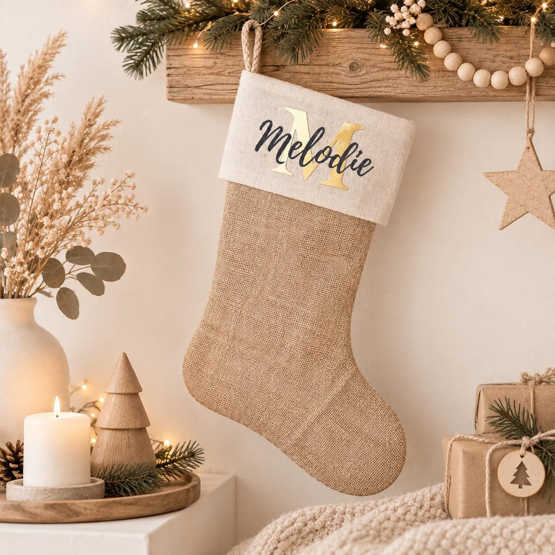 Weihnachtsstrumpf aus Jute mit Namen in Schreibschrift über goldenem Buchstaben