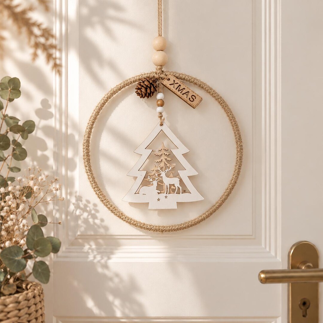 Jute-Kranz mit Holz-Tannenbaum, Tannenzapfen und XMAS-Anhänger an Juteschnur mit Holzperlen