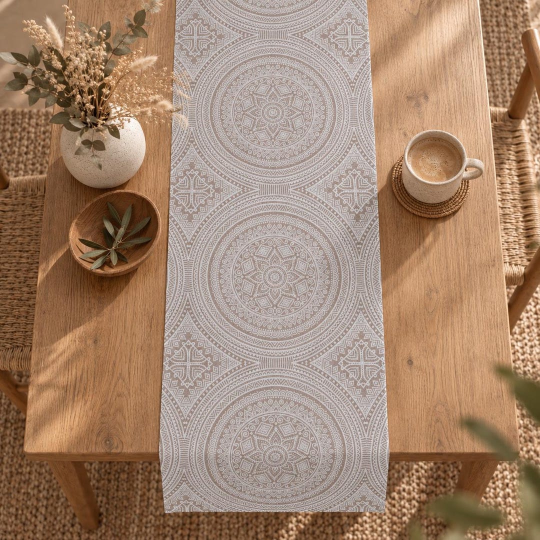Boho Tischläufer beige mit Mandalas 40x140cm