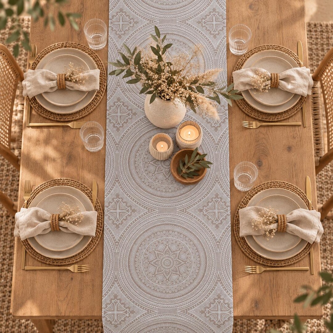 Boho Tischläufer beige mit Mandalas 40x140cm
