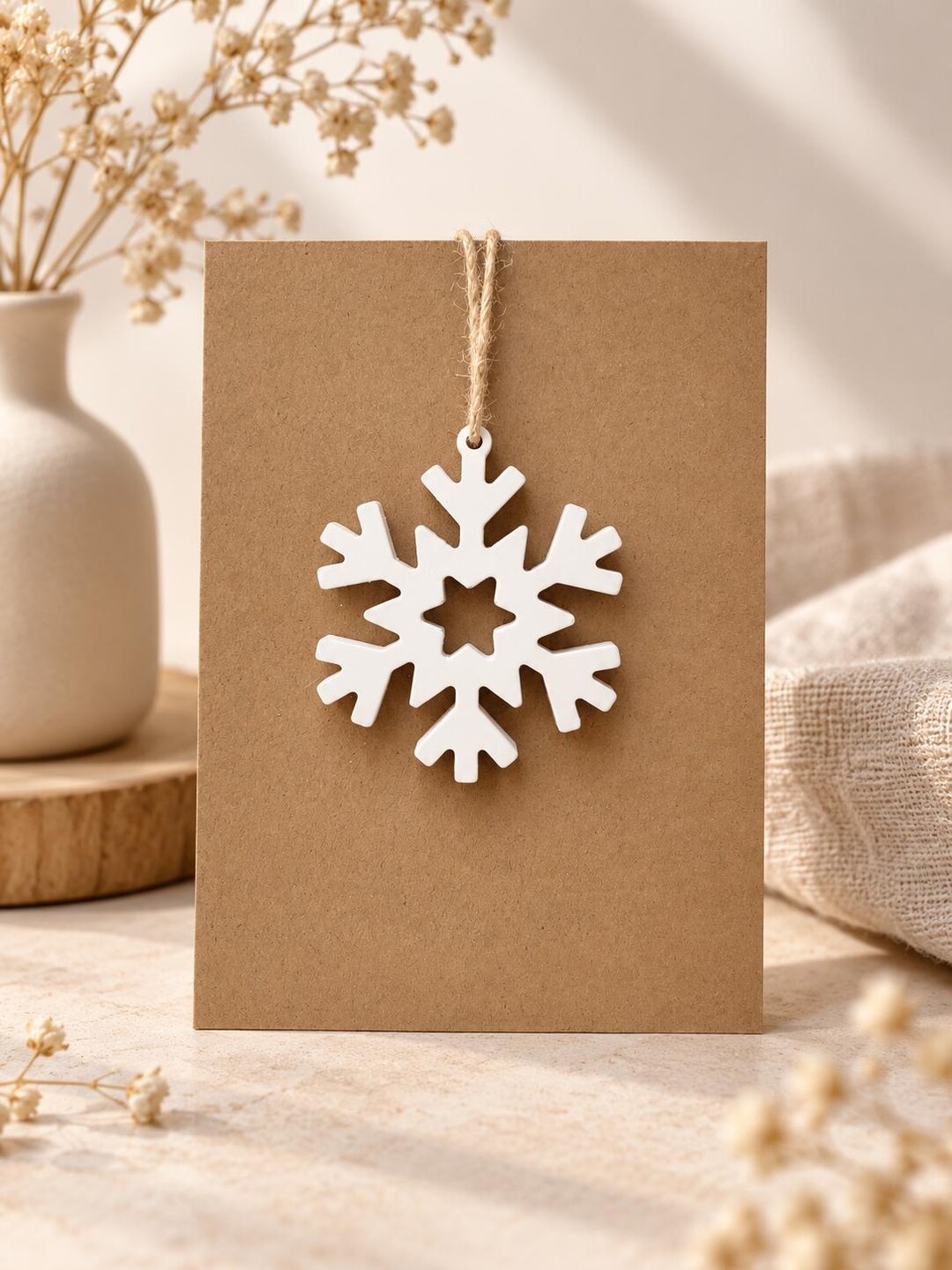 Schneeflocken-Anhänger an Kraftpapierkarte