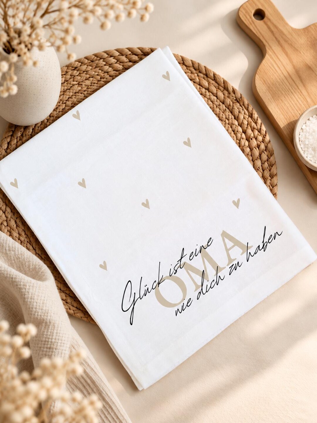 Geschirrtuch mit Spruch „Glück ist eine Mama wie dich zu haben“ – personalisiertes Küchentuch als Muttertagsgeschenk