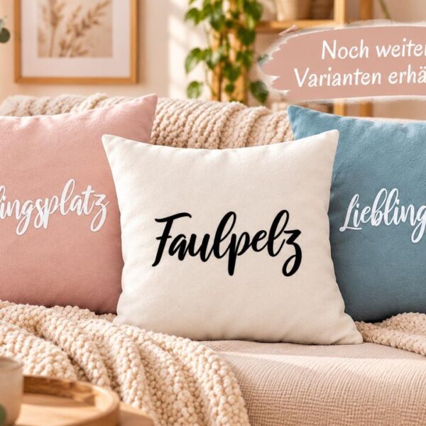 Drei Kissenbezüge in Rosa, Weiß und Blau mit den Sprüchen Lieblingsplatz und Faulpelz