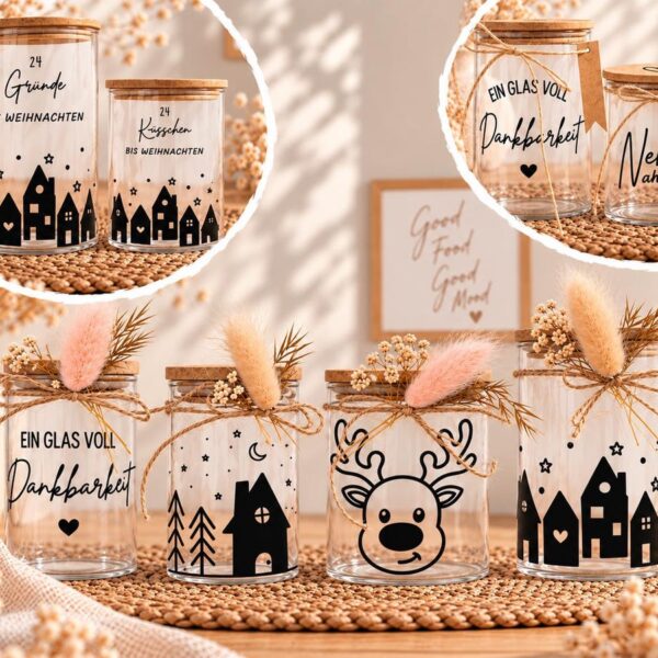 Vorratsgläser mit Bambusdeckel und Weihnachtsmotiven: Häuser, Rentier, 24 Gründe bis Weihnachten, Ein Glas voll Dankbarkeit, Nervennahrung