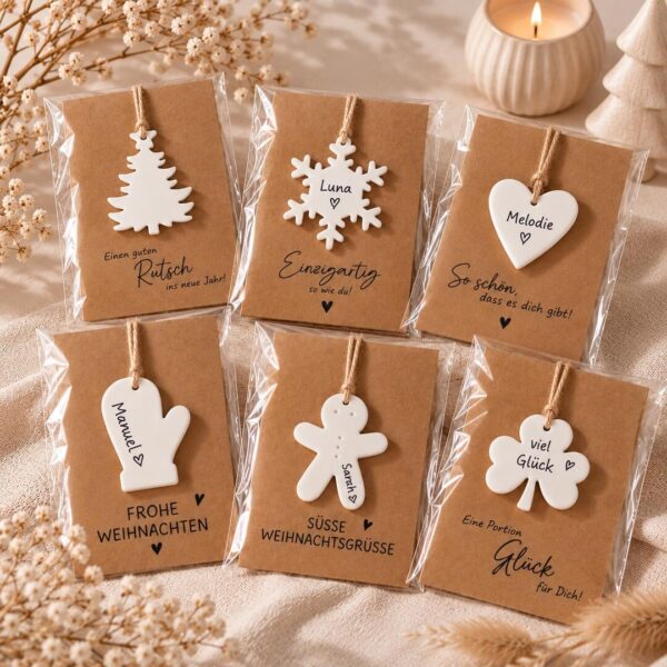 Personalisiertes Weihnachtsgeschenk mit Keramikanhänger | kleine Weihnachtskarte | kleines Geschenk mit Namen für Freundin | Wichtelgeschenk