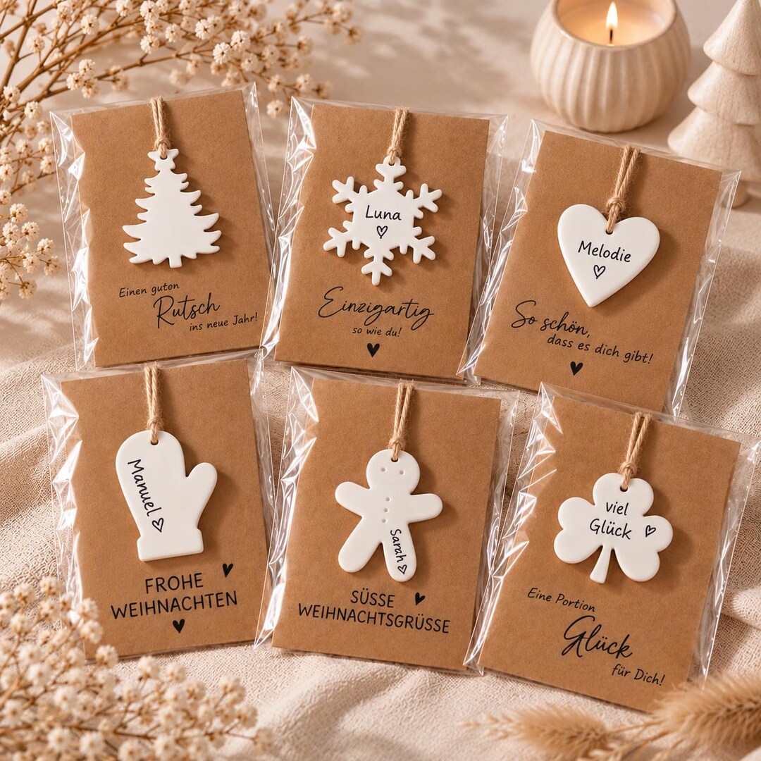 Personalisiertes Weihnachtsgeschenk mit Keramikanhänger | kleine Weihnachtskarte | kleines Geschenk mit Namen für Freundin | Wichtelgeschenk