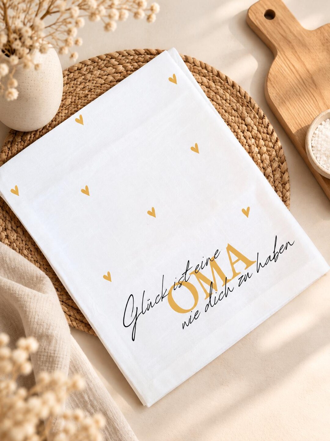 Geschirrtuch mit Spruch „Glück ist eine Mama wie dich zu haben“ – personalisiertes Küchentuch als Muttertagsgeschenk