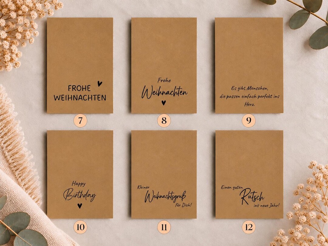 Kartensprüche 7–12 auf Kraftpapierkarten