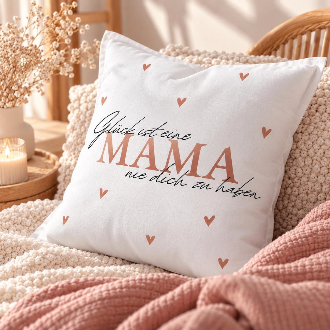 Personalisierter Kissenbezug Mama – weiß mit Roségold-Schrift und Herzen