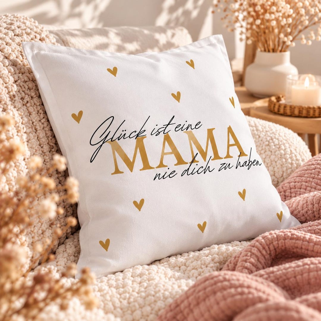 Personalisierter Kissenbezug Mama – Gelbgold mit Herzen